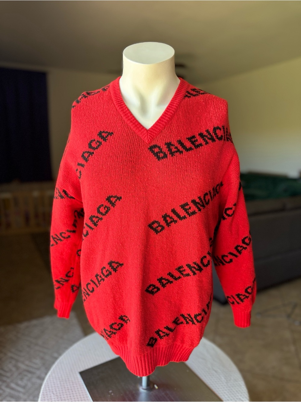 Balenciaga Red V-Neck Logo Knit Sweater Oversized XS